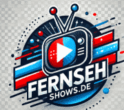 Logo for fernseh-shows.de featuring a stylized TV screen with antennas and a play button, accompanied by sleek text reading 'fernseh-shows.de'. The design uses vibrant colors like blue, red, and white, with a modern and professional aesthetic.